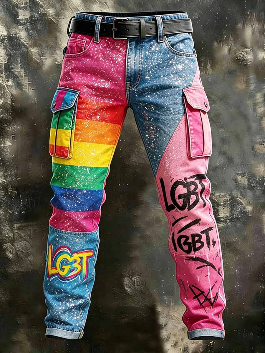 Men's Retro Rainbow Pattern Printed Casual Work Pants