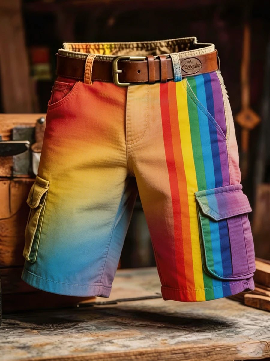 Men's Pride Month: Retro-Chic, Rainbow-Art Style Cargo Shorts