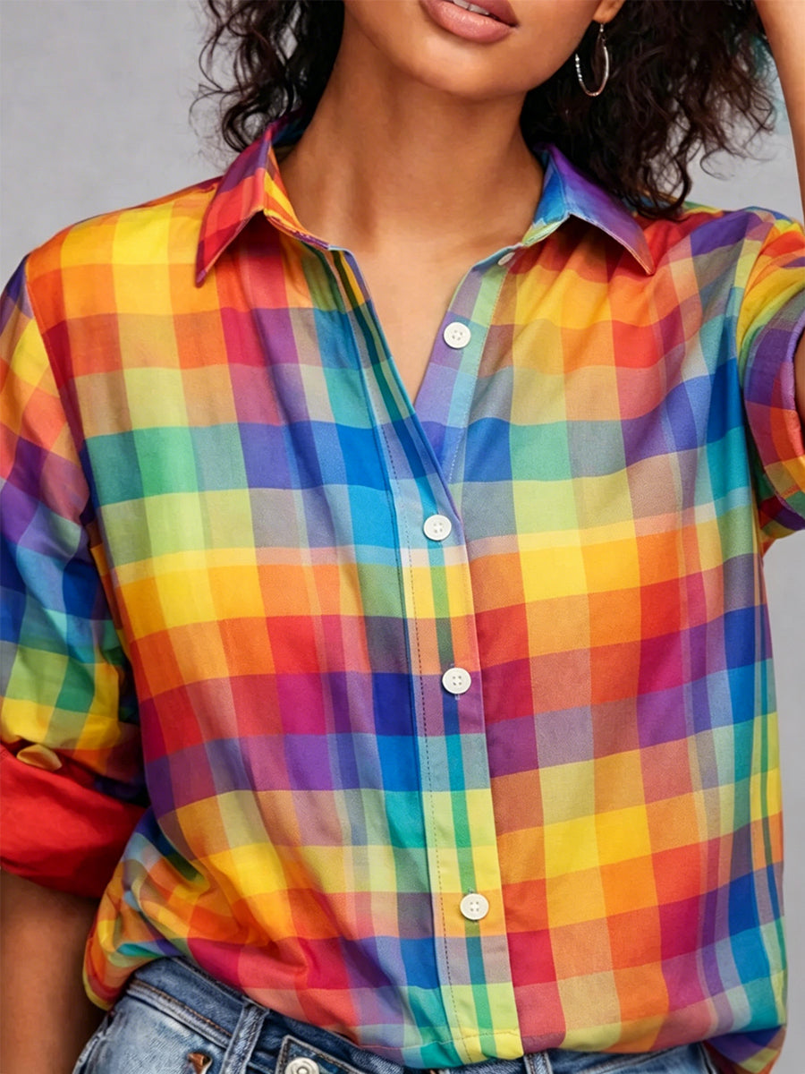 Women's LGBTQ Pride Month Rainbow Plaid Print Casual Shirt