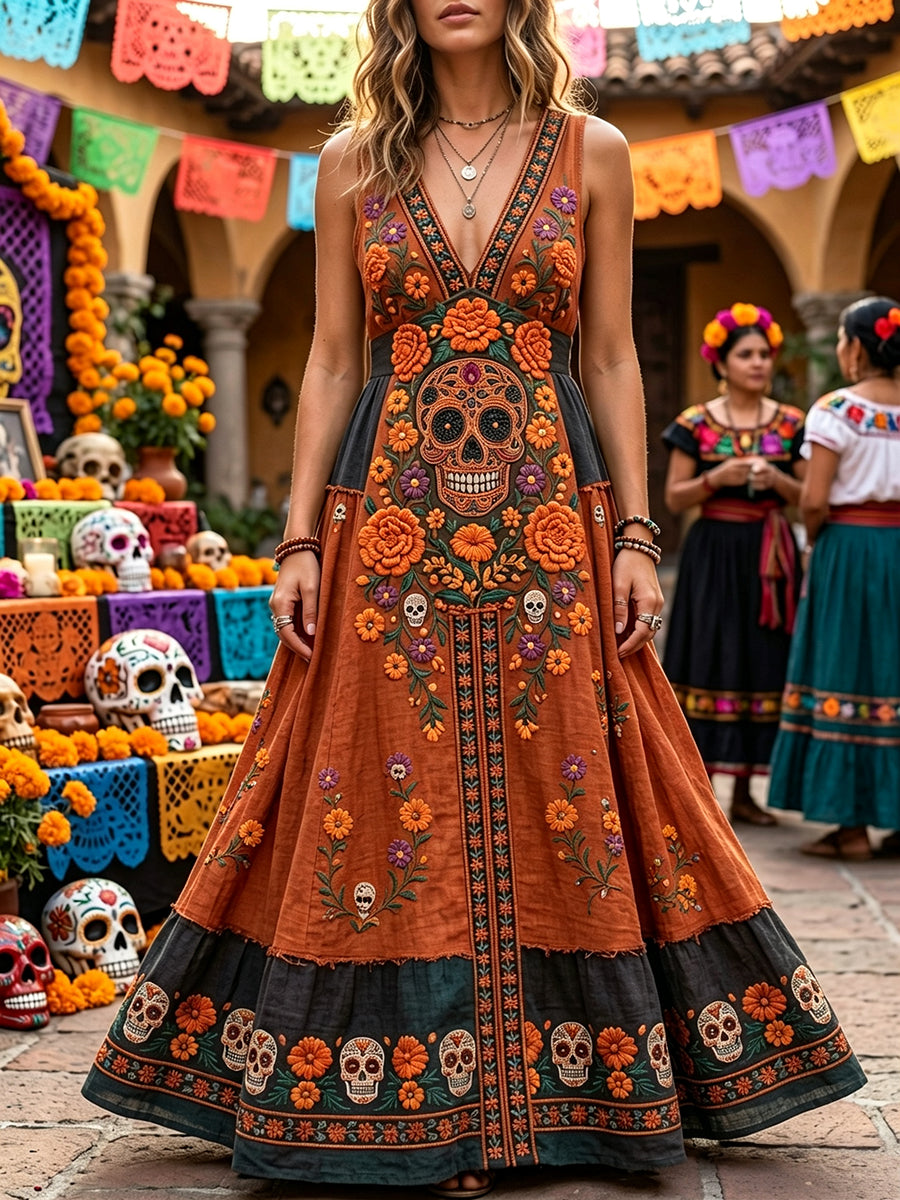 Women's Day of the Dead Sugar Skull Mexican Floral Print V Neck Maxi Dress
