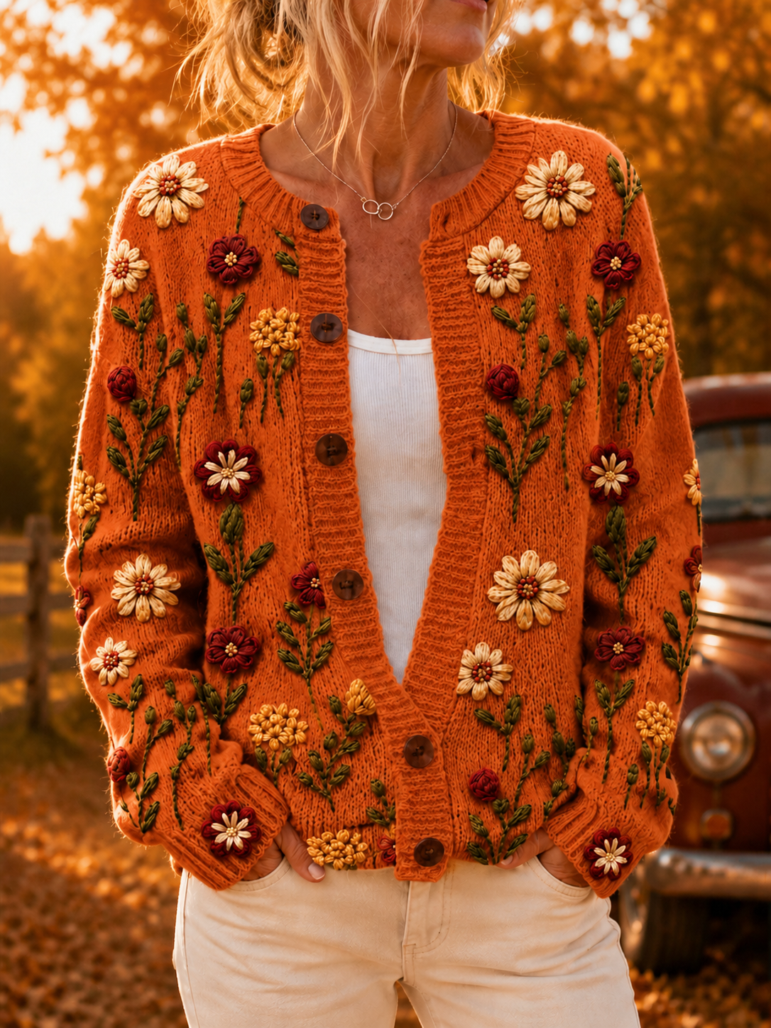 Women's Retro Autumn Art Print Cardigan Knit Sweater