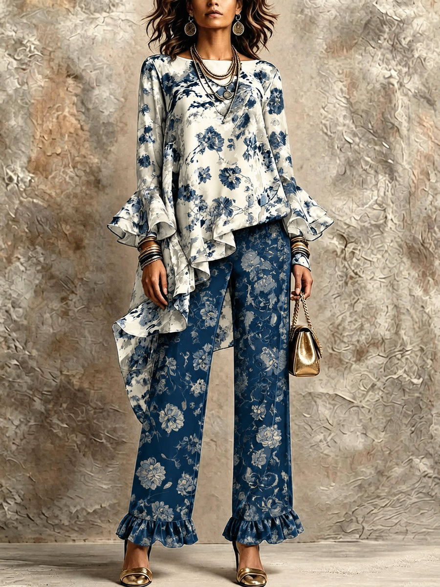 Retro Style Art Printed Wave-Shaped Irregular Oblique Long-Sleeved Top And Pants Set