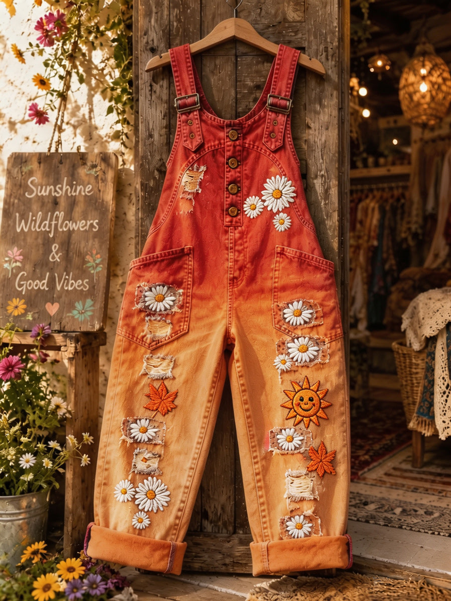 Women's Retro Style Art Print Washed Cotton Denim Patchwork Jumpsuit