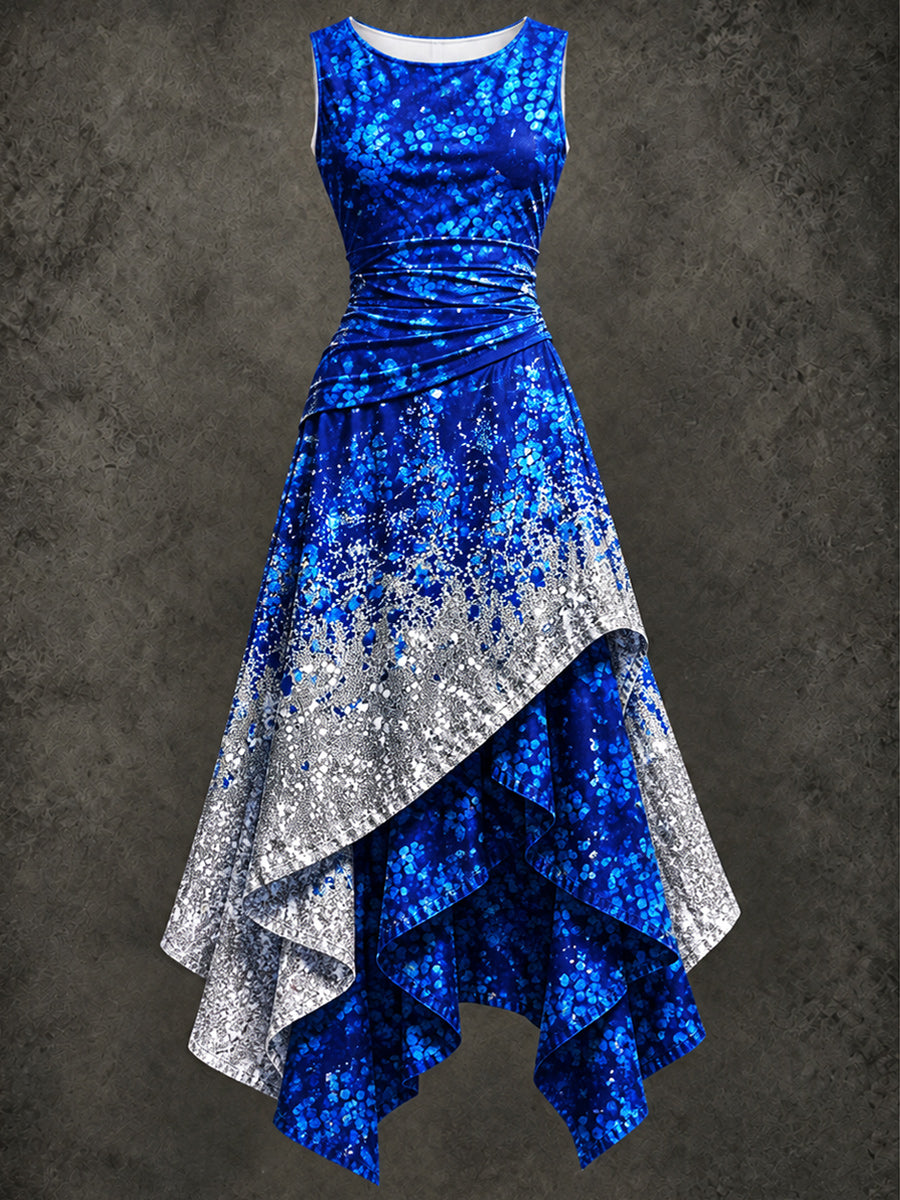 Retro Art Printed Vintage Sleeveless Irregularly Layered Stitched Midi Dress