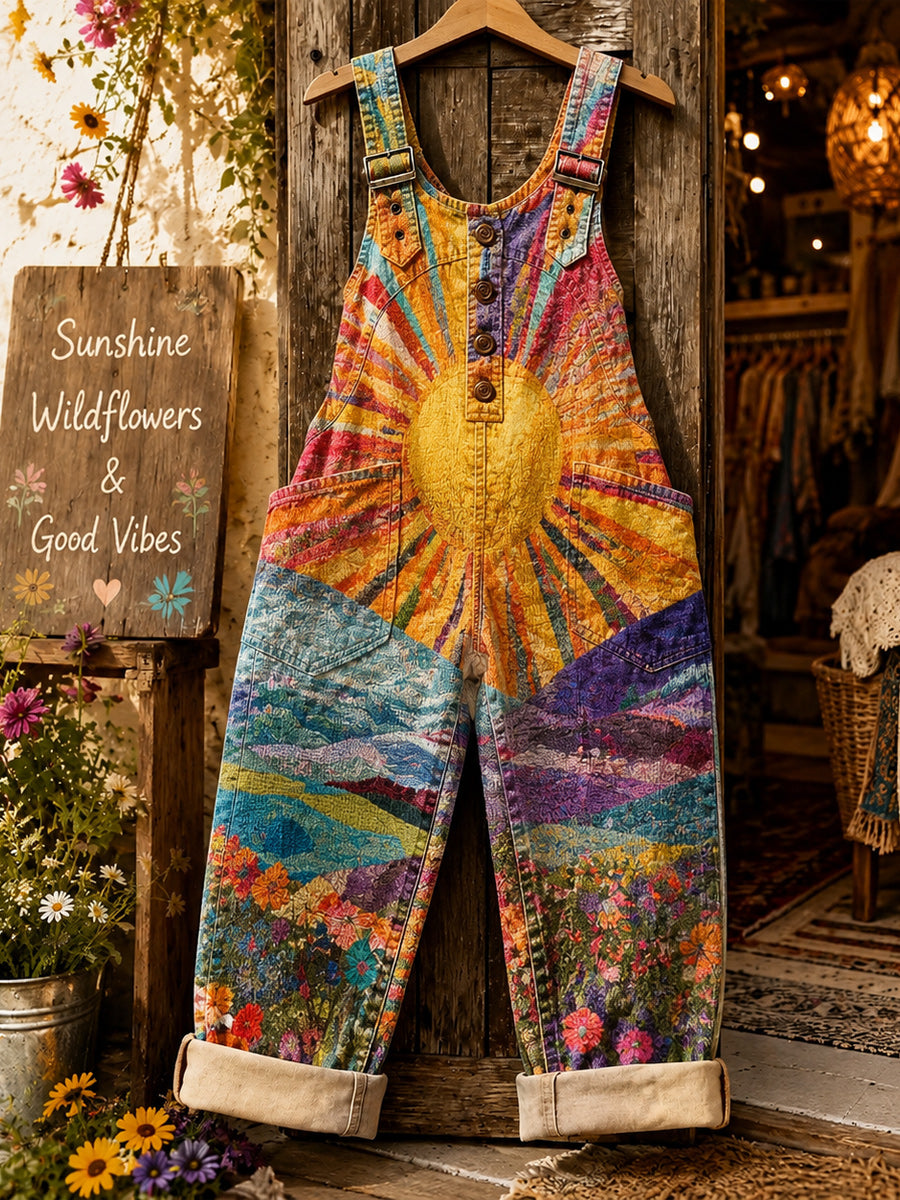 Women's Retro Style Art Print Washed Cotton Denim Patchwork Jumpsuit