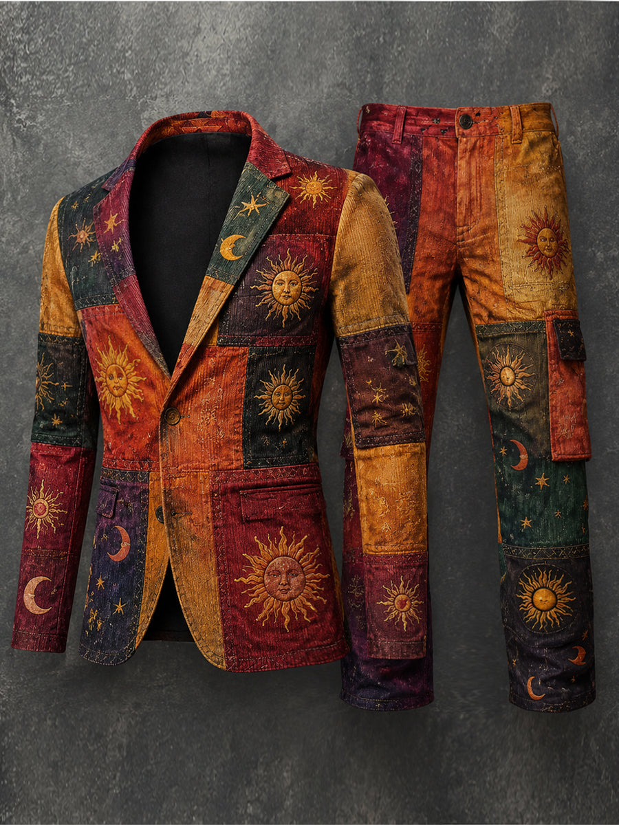 Men's Retro Style Art Print Casual Jacket Trousers Two-Piece Suits