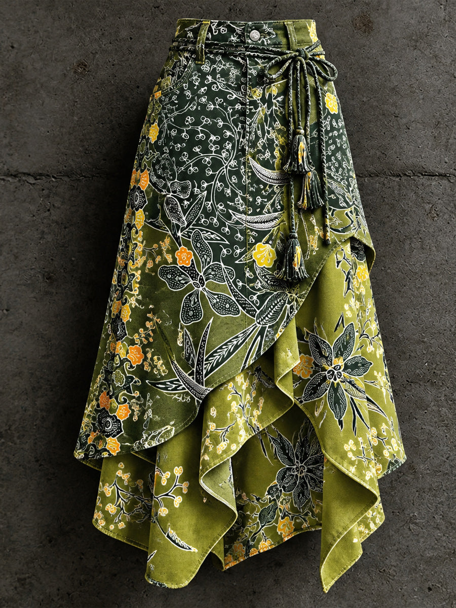 Women's Retro Style Art Print Irregularly Layered Stitched Skirt