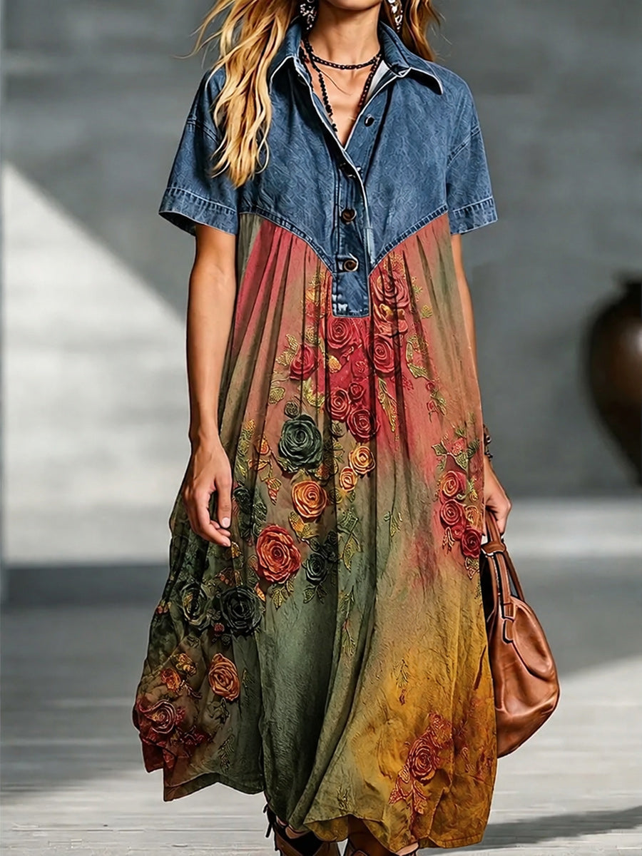 Denim Spliced Gradient Floral Shirt Maxi Dress