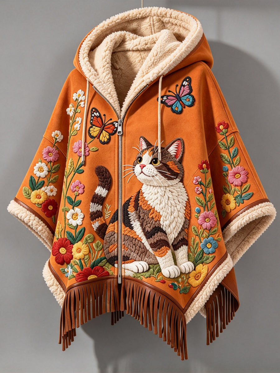 Women's Fall Winter Vintage Art Fleece-Lined Hooded Fringe Poncho