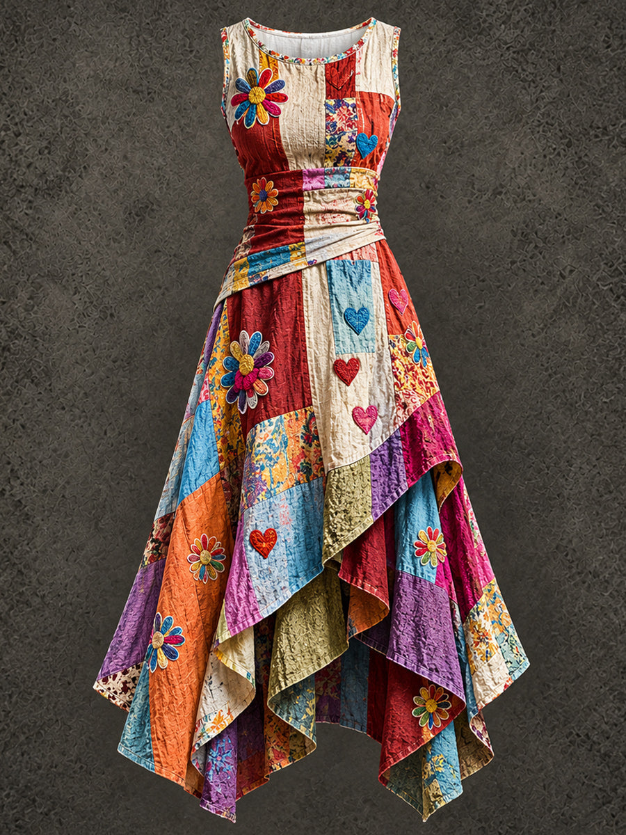 Retro Art Printed Vintage Sleeveless Irregularly Layered Stitched Midi Dress