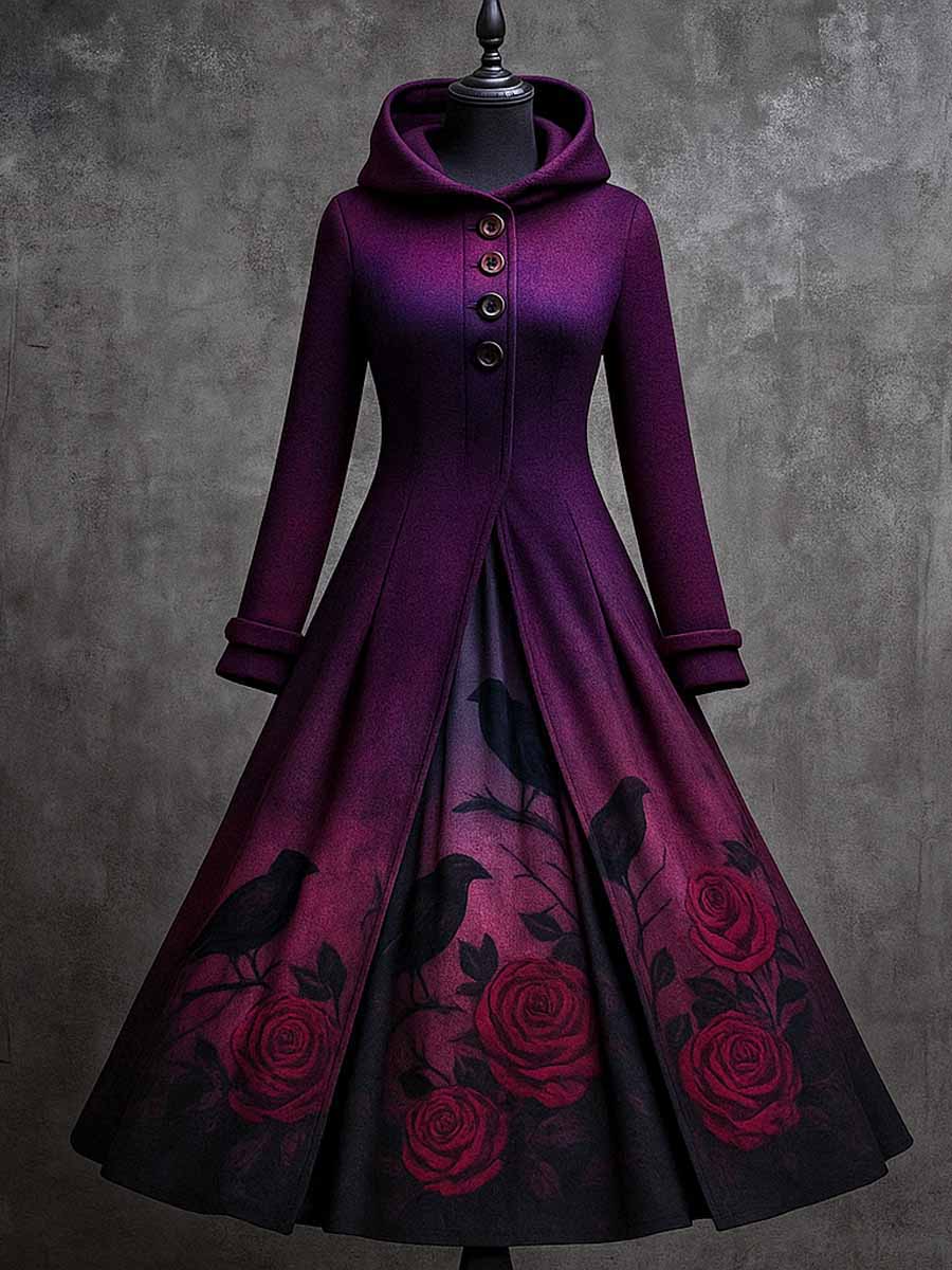 Raven Floral Art Print Long Sleeve Maxi Dress Hooded Dress