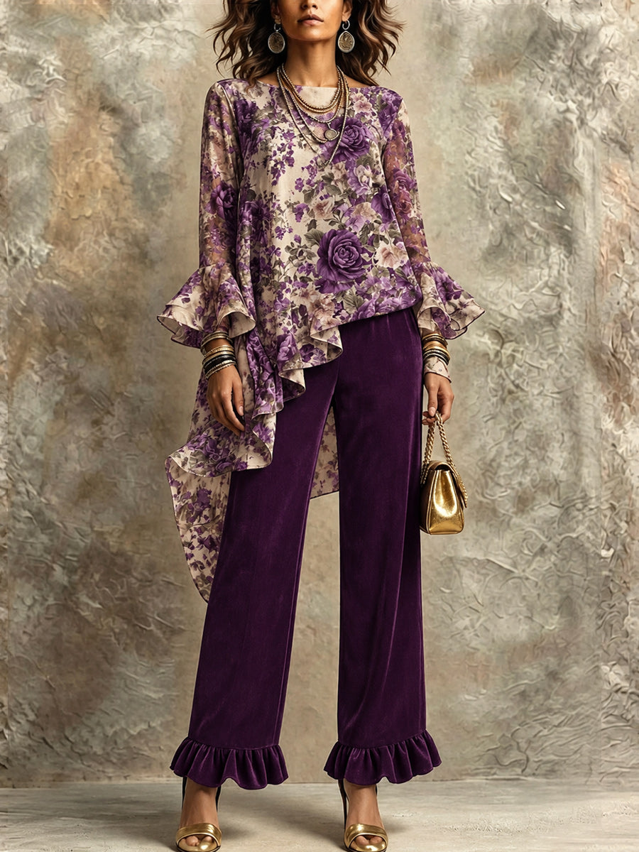 Retro Style Art Printed Wave-Shaped Irregular Oblique Long-Sleeved Top And Pants Set