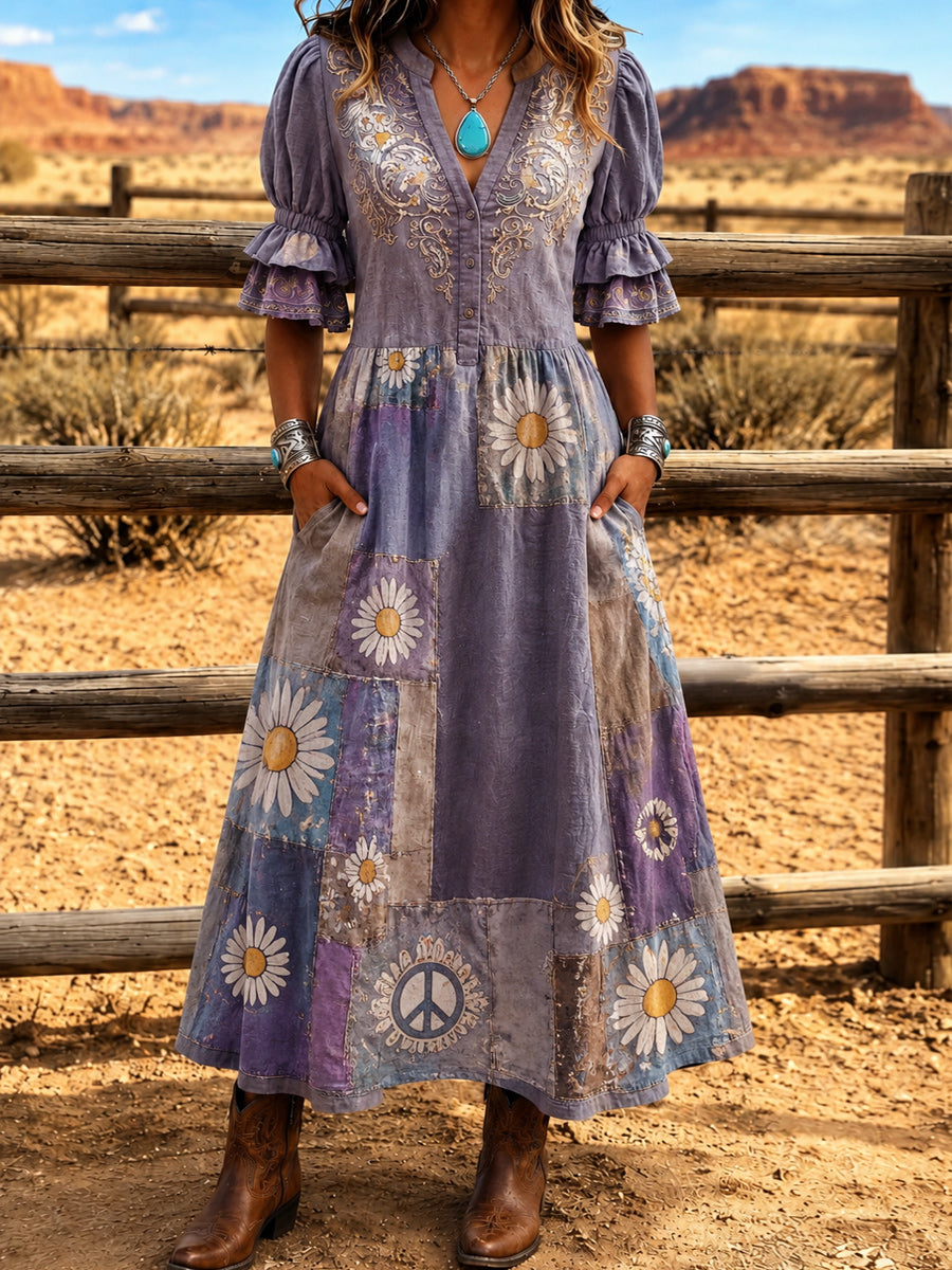 Women's Retro Hippy Art Print Washed Cotton Lace Patchwork Midi Dress