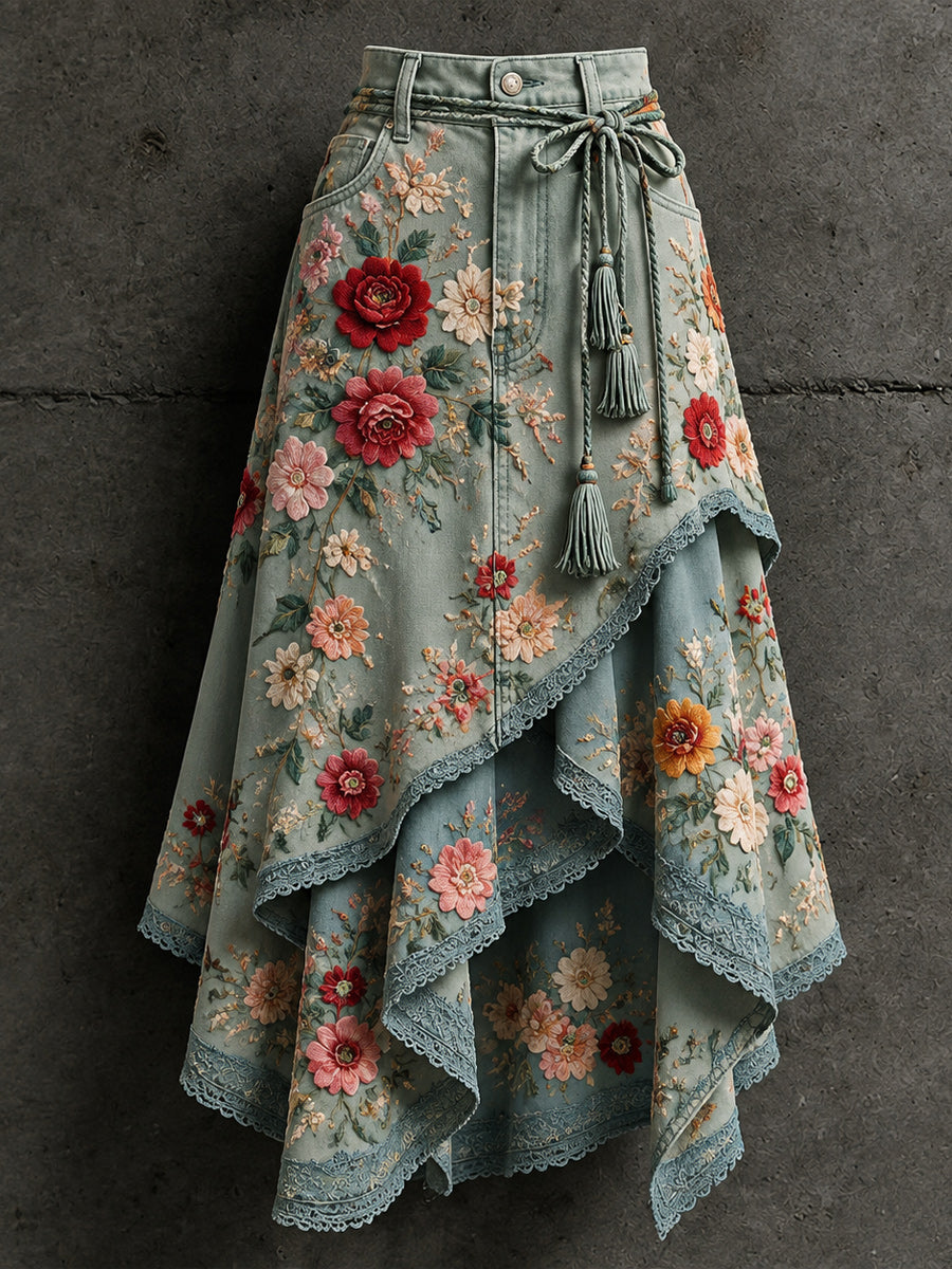 Women's Retro Style Art Print Irregularly Layered Stitched Skirt