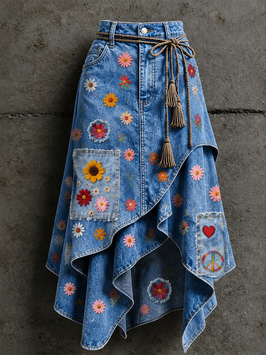Women's Retro Style Art Print Irregularly Layered Stitched Skirt