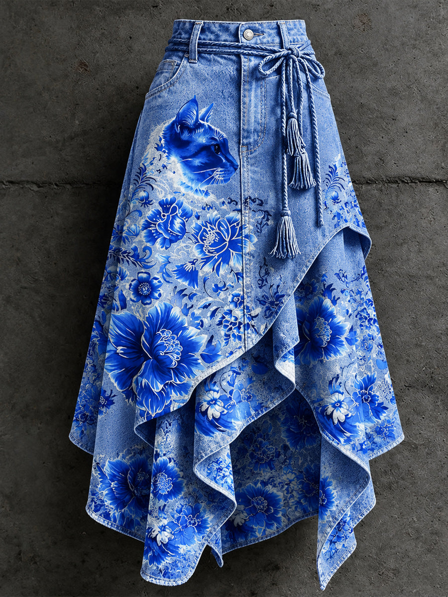 Women's Retro Style Art Print Irregularly Layered Stitched Skirt