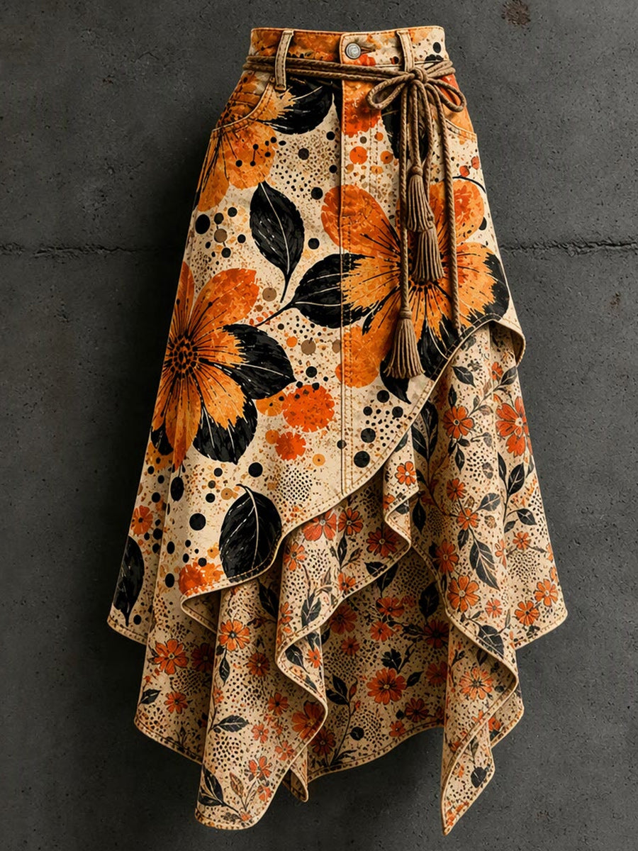 Women's Retro Style Art Print Irregularly Layered Stitched Skirt