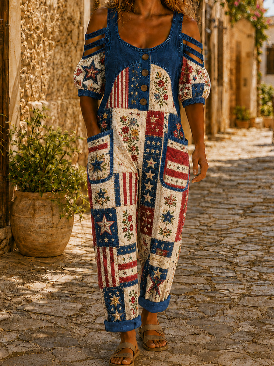 Women's American Style Short Sleeve Denim Patchwork Jumpsuit