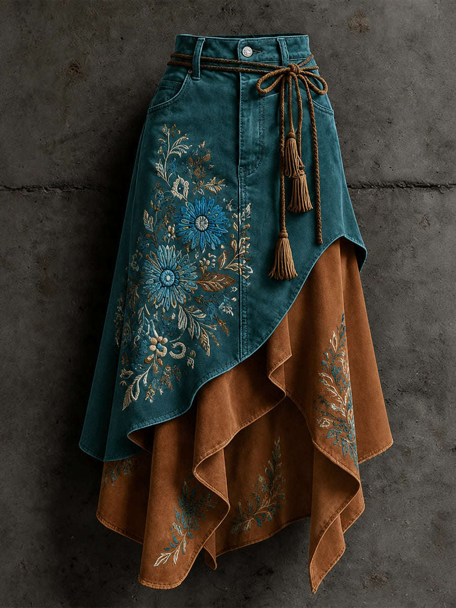 Women's Retro Style Art Print Irregularly Layered Stitched Skirt