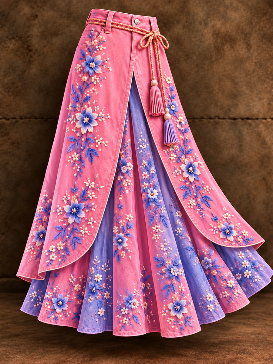 Women's Vintage Floral Asymmetrical Midi Skirt
