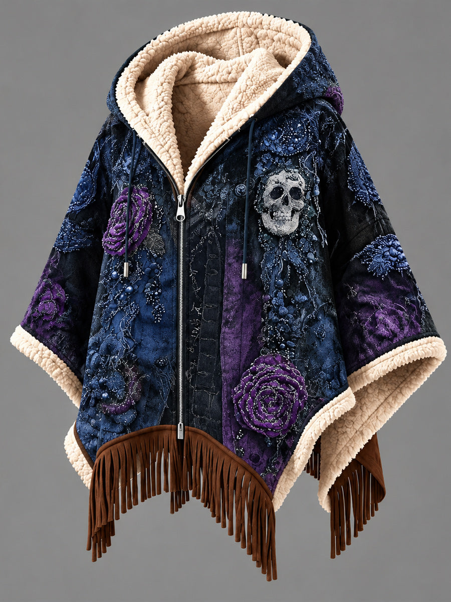 Women's Fall Winter Vintage Art Fleece-Lined Hooded Fringe Poncho