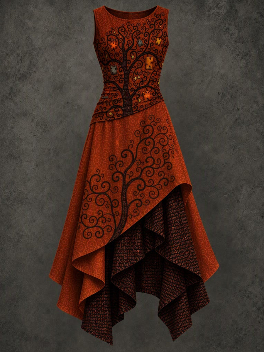 Retro Art Printed Vintage Sleeveless Irregularly Layered Stitched Midi Dress