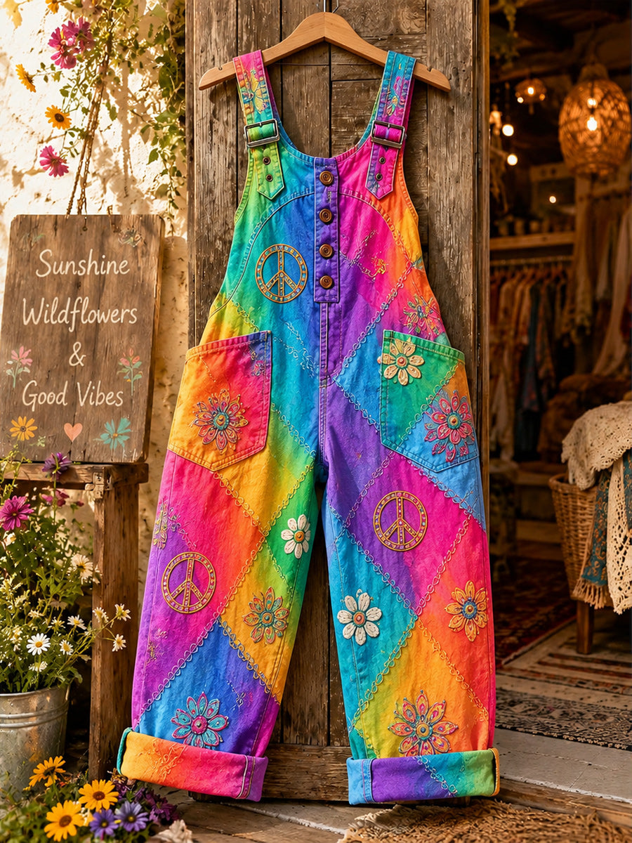 Women's Retro Style Art Print Washed Cotton Denim Patchwork Jumpsuit