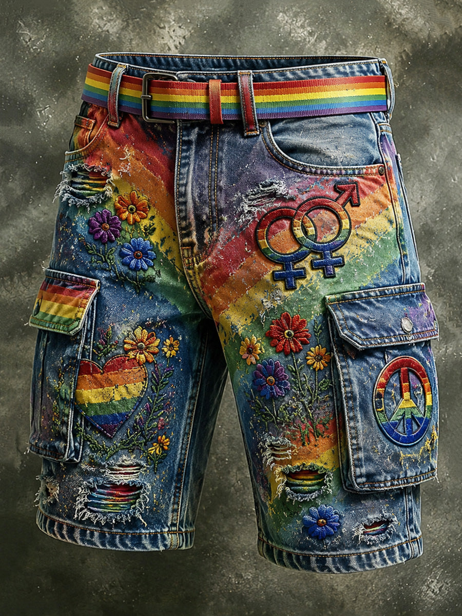 Men's Retro Pride Month Rainbow Art Print Casual Loose Pocket Work Shorts