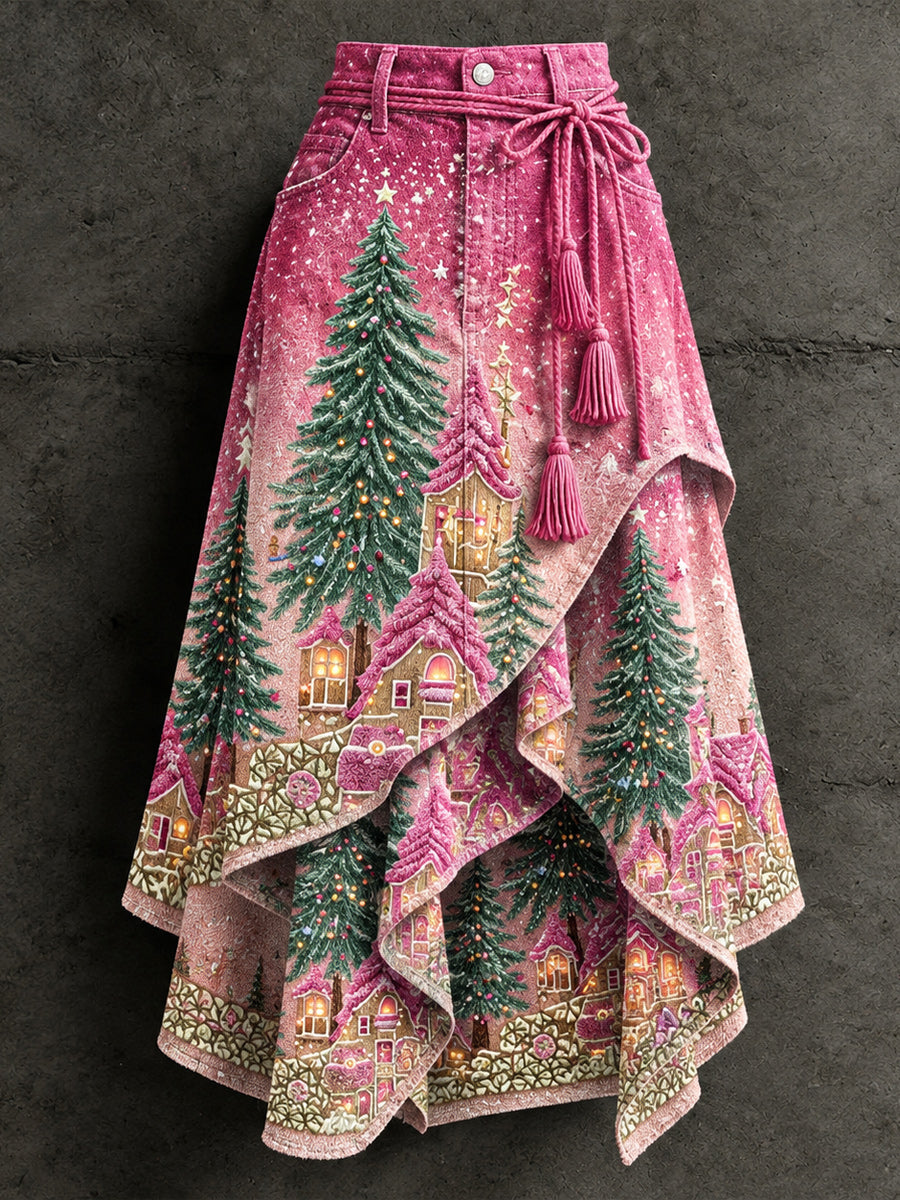 Women's Retro Style Art Print Irregularly Layered Stitched Skirt