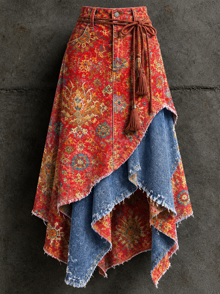 Women's Retro Style Art Print Irregularly Layered Stitched Skirt