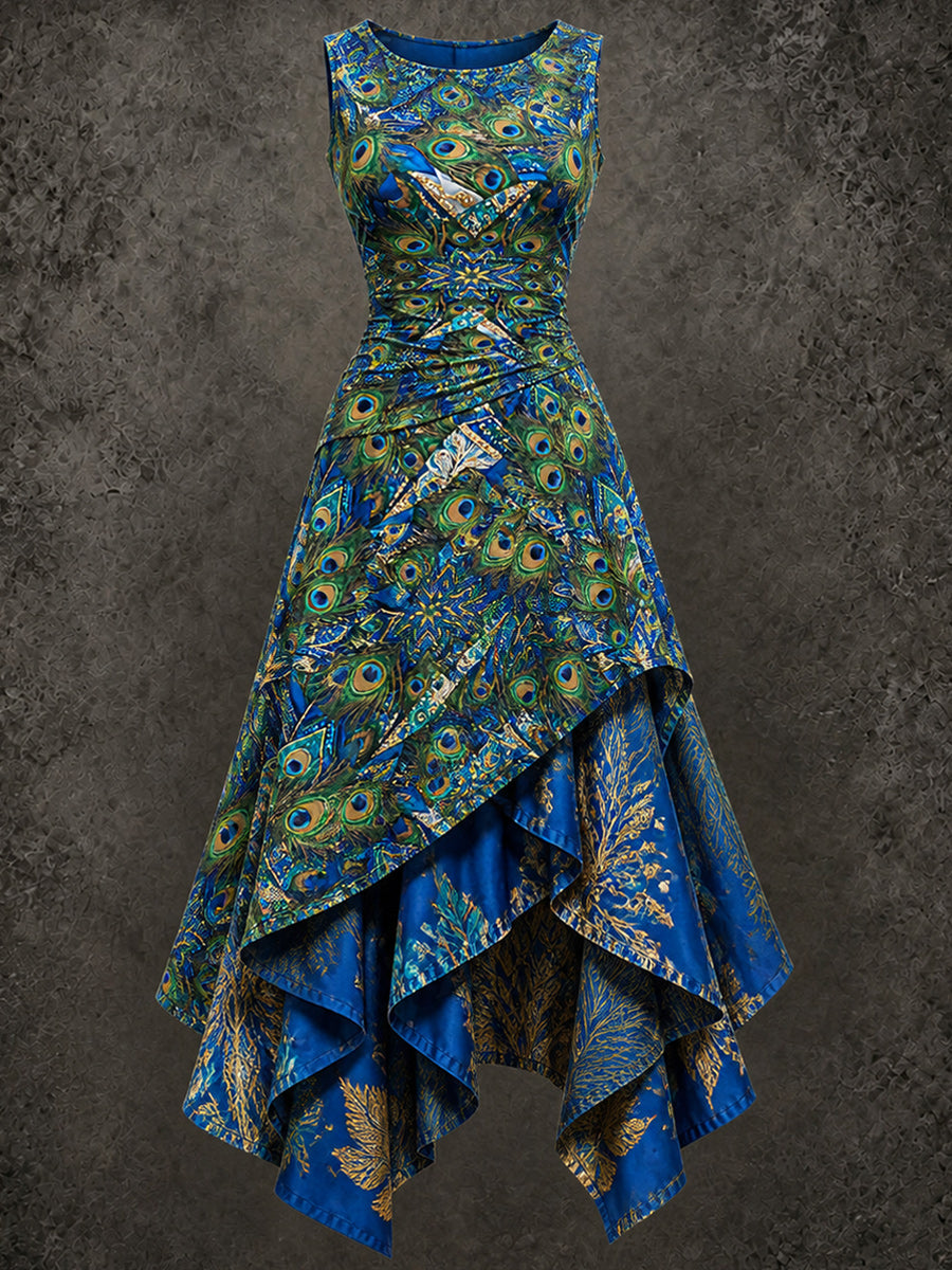Retro Art Printed Vintage Sleeveless Irregularly Layered Stitched Midi Dress