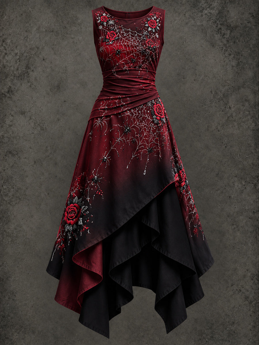 Retro Art Printed Vintage Sleeveless Irregularly Layered Stitched Midi Dress
