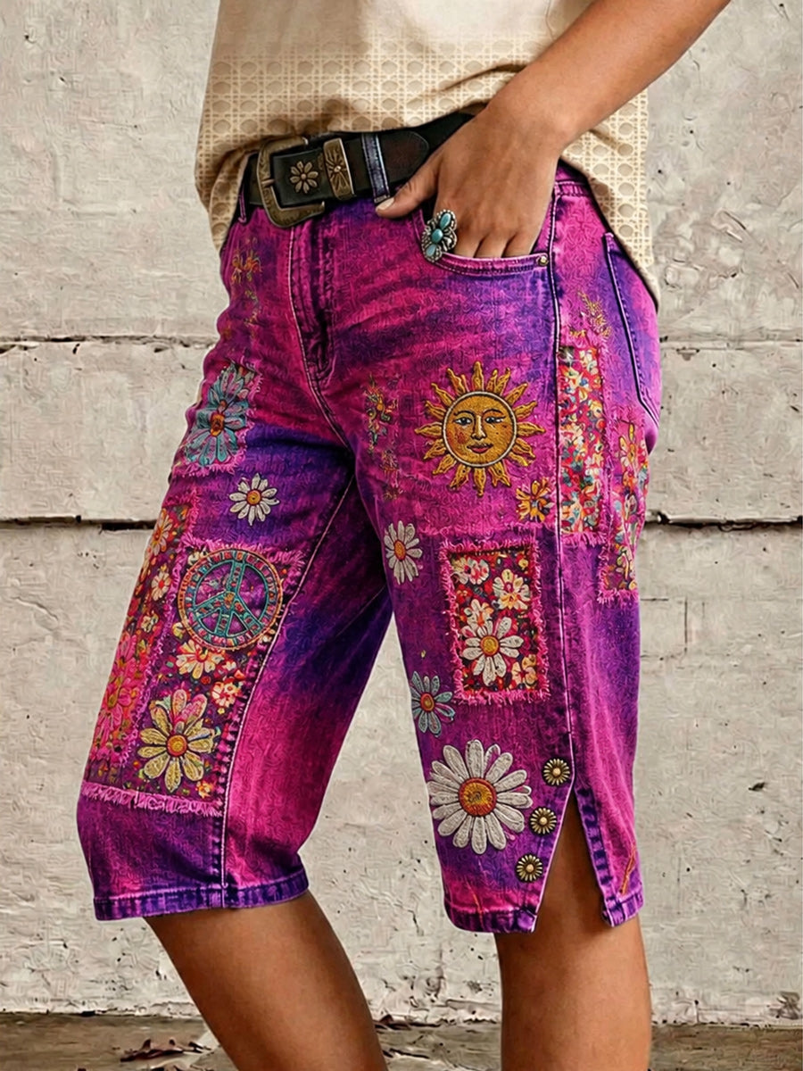 Retro Style Floral Art Print Vintage Casual Denim Shorts