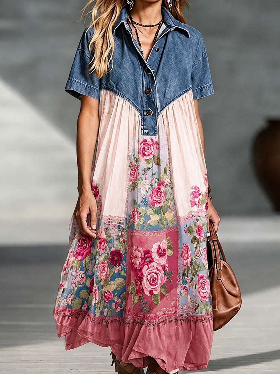 Denim Spliced Gradient Floral Shirt Maxi Dress