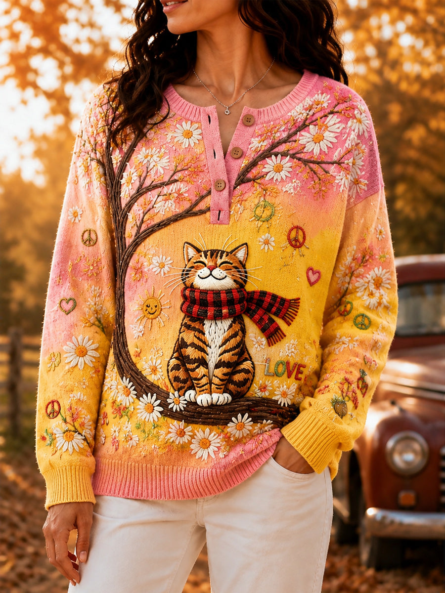 Women's Retro Autumn Art Print Knit Sweater