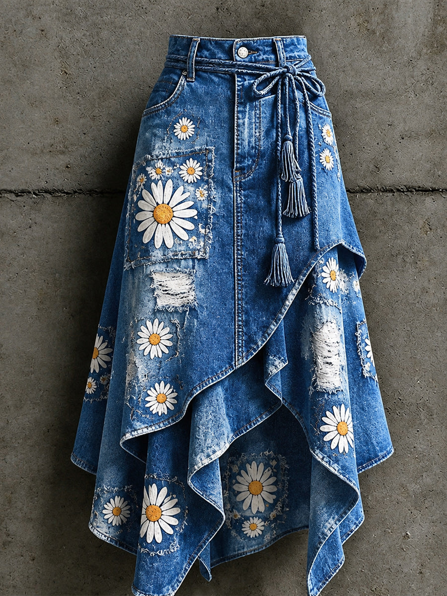 Women's Retro Style Art Print Irregularly Layered Stitched Skirt