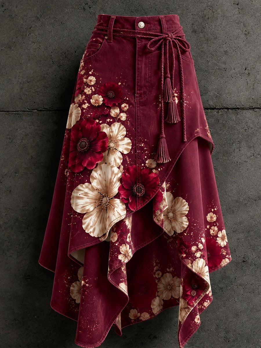Women's Retro Style Art Print Irregularly Layered Stitched Skirt