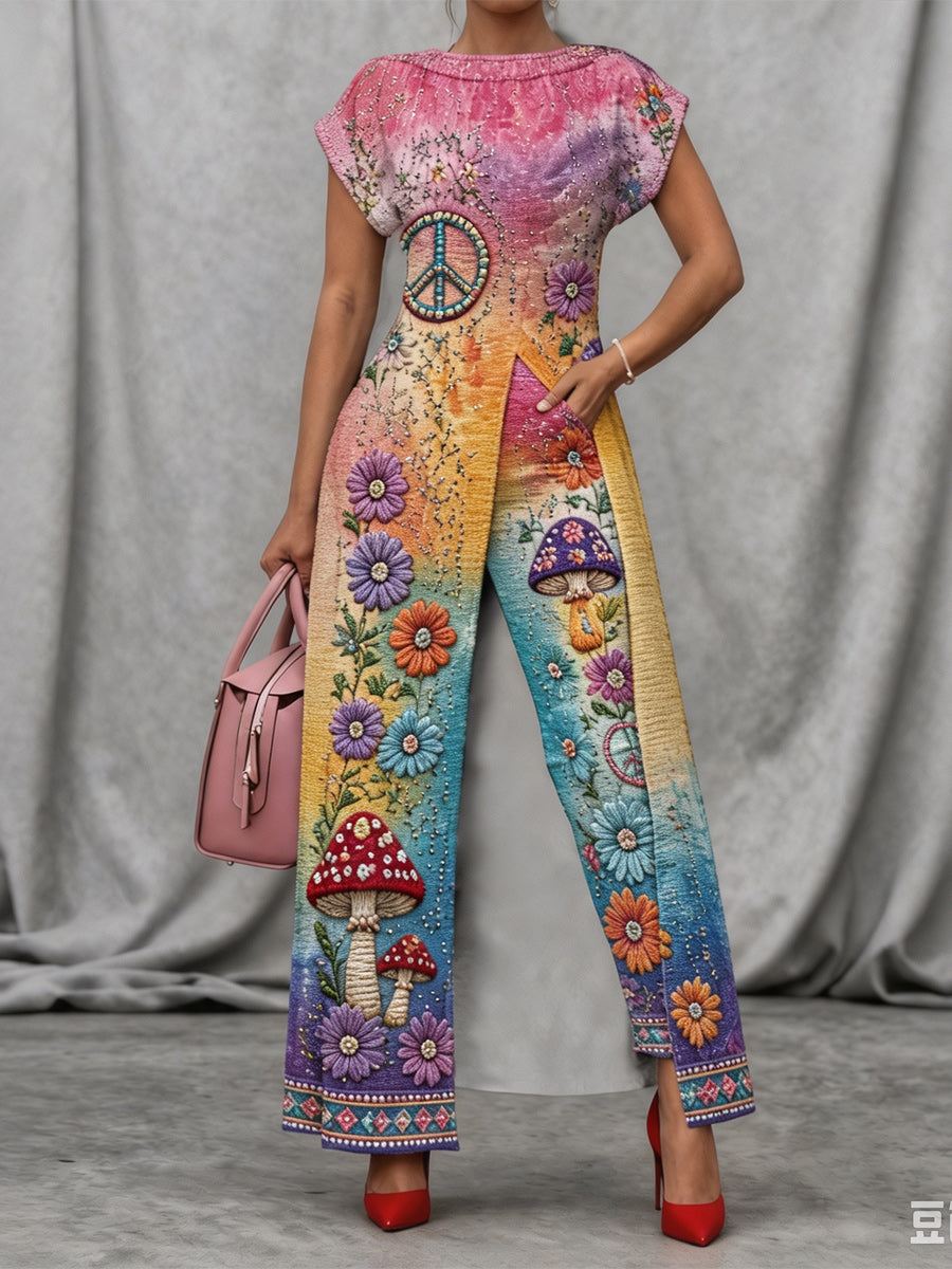 Retro Style Art Print Vintage Long Split Shirts Dress Skinny Pants Two-Piece Set