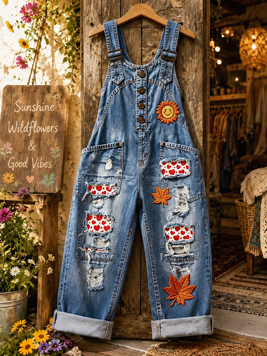 Women's Retro Style Art Print Washed Cotton Denim Patchwork Jumpsuit