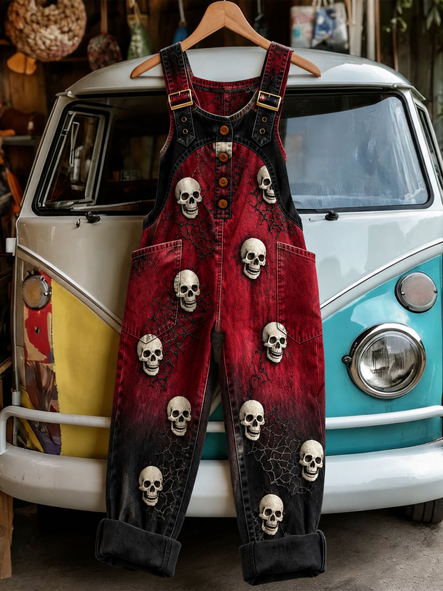 Women's Retro Style Art Print Washed Cotton Denim Patchwork Jumpsuit