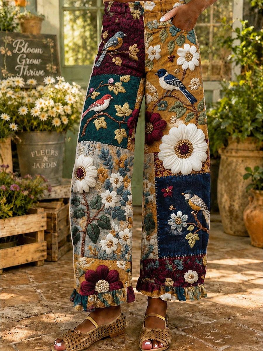 Women's Retro Art Print Wide Leg Pants