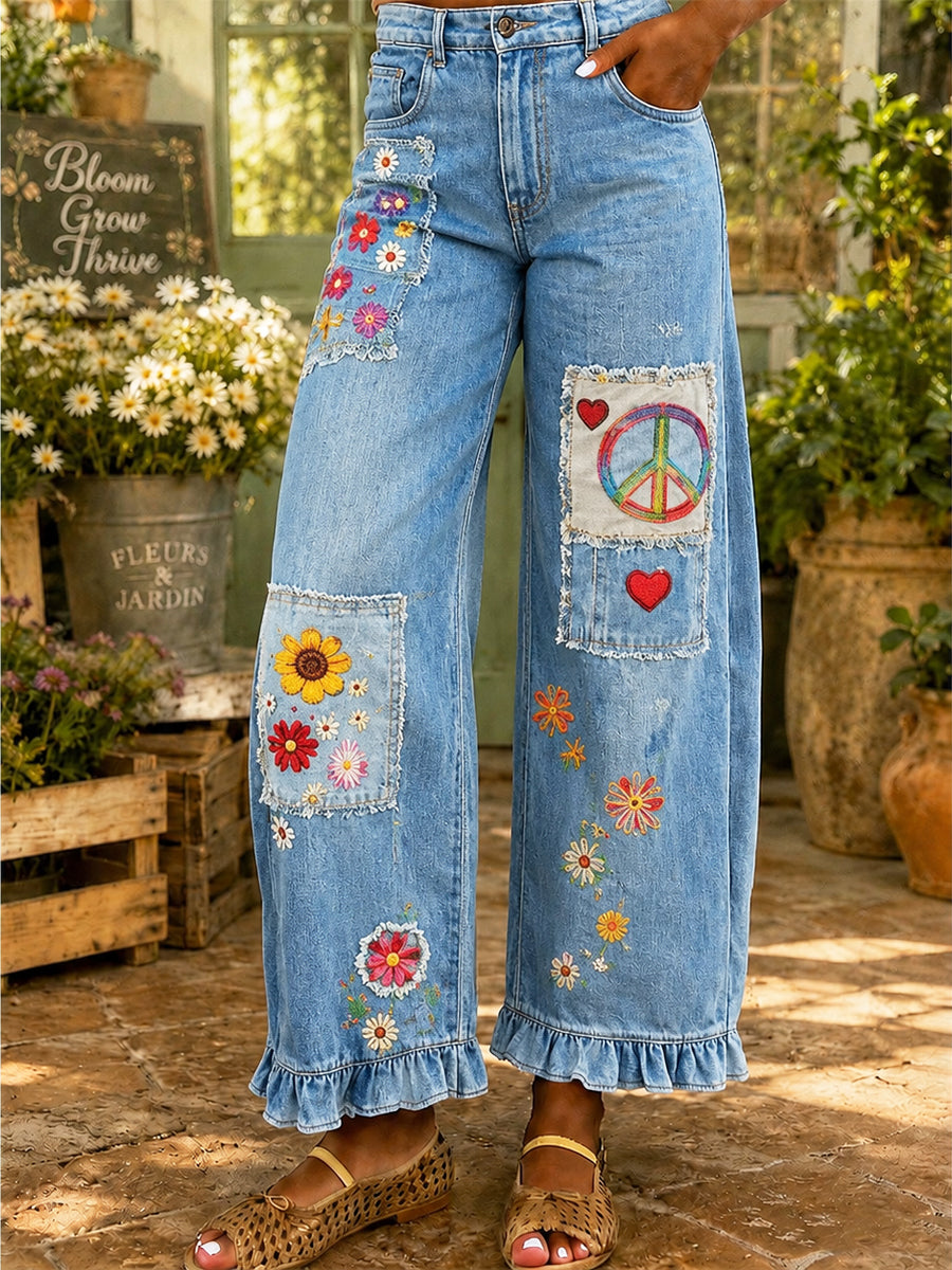 Women's Retro Art Print Wide Leg Pants