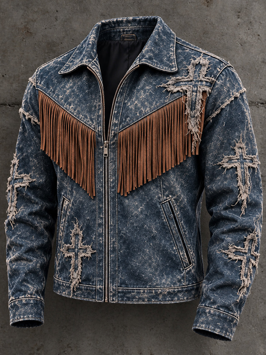 Men's Retro Style Art Print Western Vintage Tassel Casual Zipper Jacket