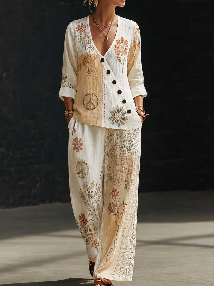 Retro Style Design Art Printed V-Neck Long-Sleeved Top And Pants Set