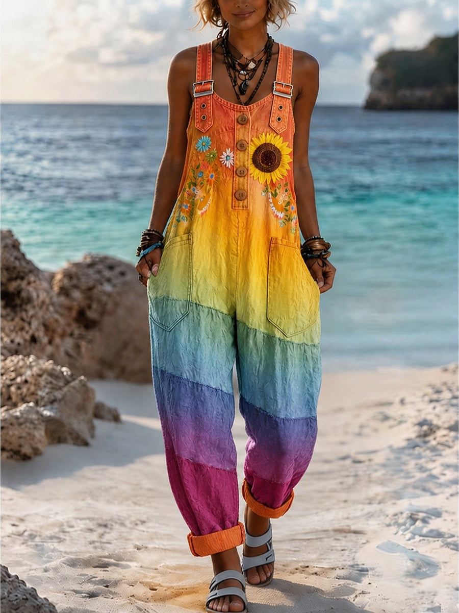 Women's Retro Style Art Print Washed Cotton Denim Patchwork Jumpsuit