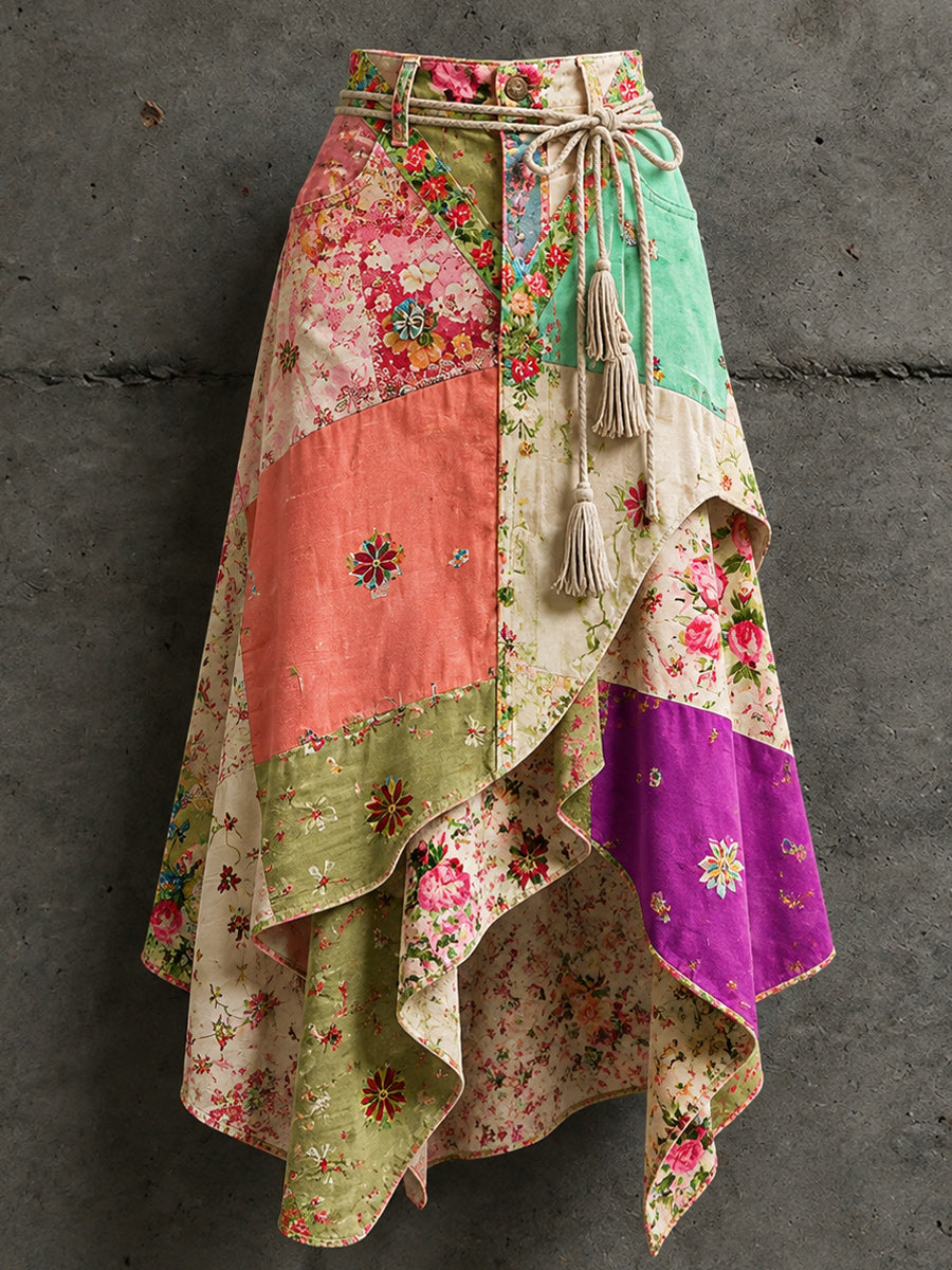 Women's Retro Style Art Print Irregularly Layered Stitched Skirt