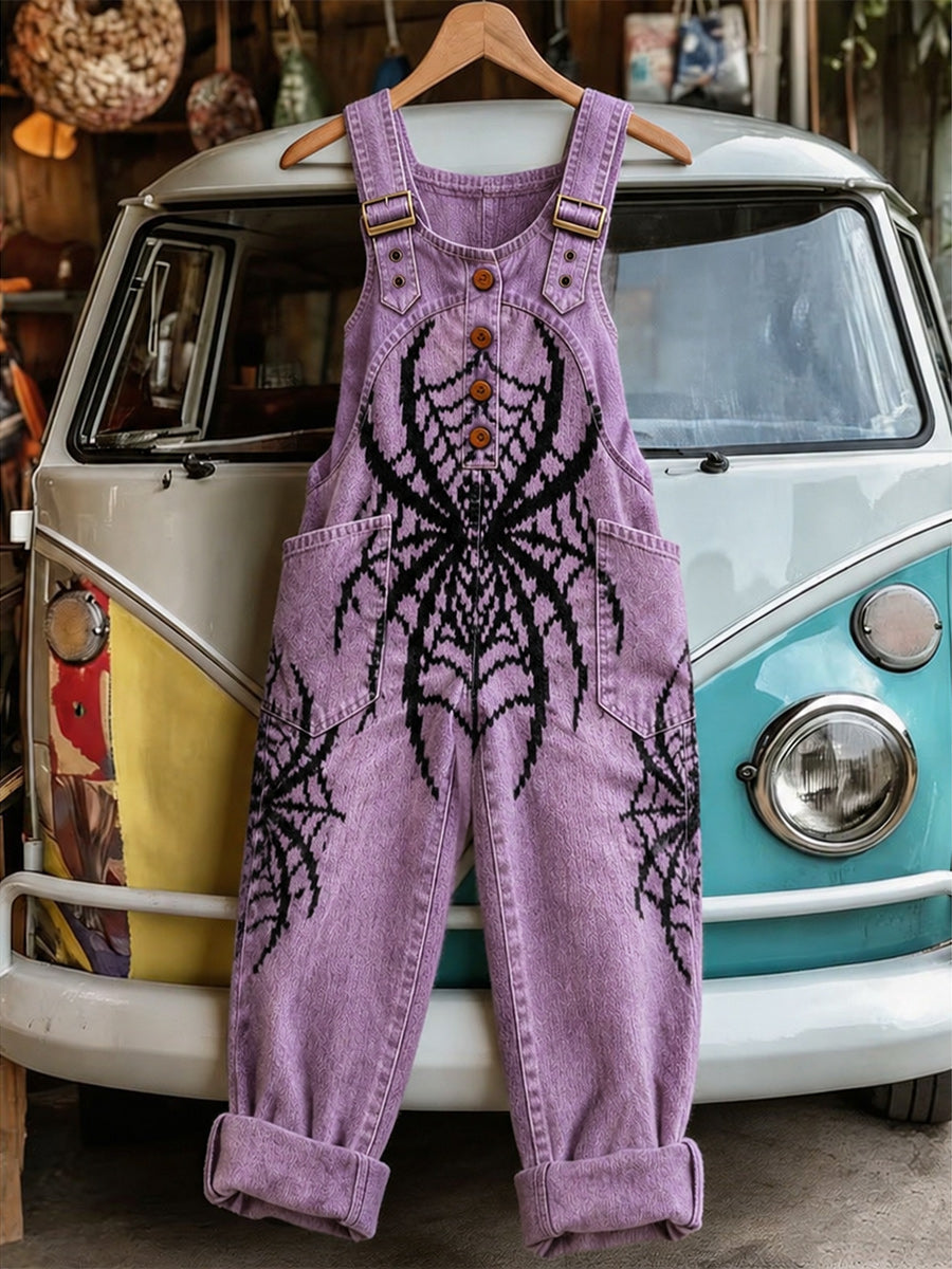 Women's Retro Style Art Print Washed Cotton Denim Patchwork Jumpsuit