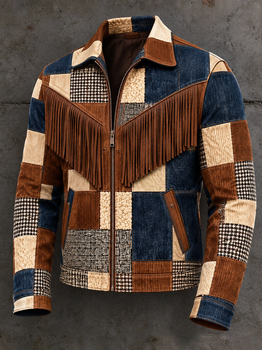Men's Retro Style Art Print Western Vintage Tassel Casual Zipper Jacket