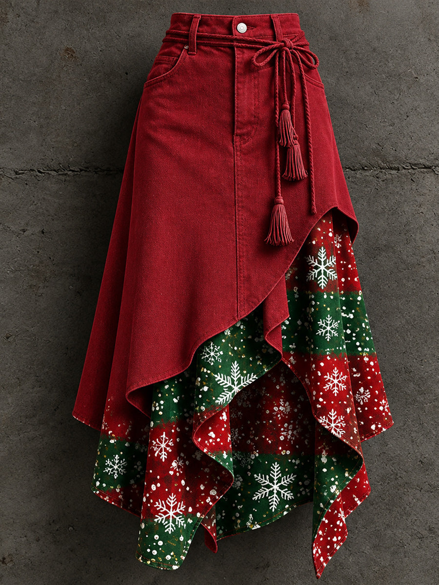 Women's Retro Style Art Print Irregularly Layered Stitched Skirt