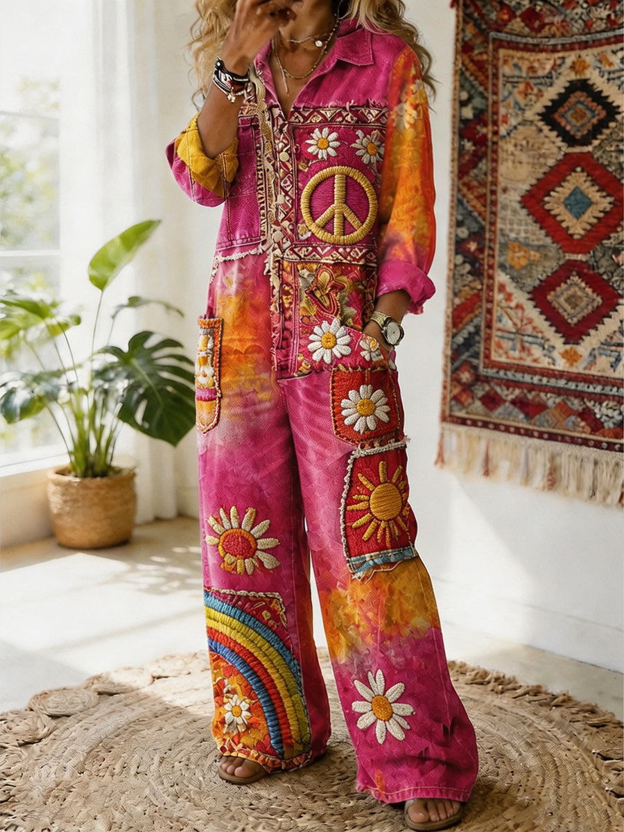 Women's Retro Style Art Print Washed V-Neck Cotton Denim Patchwork Jumpsuit